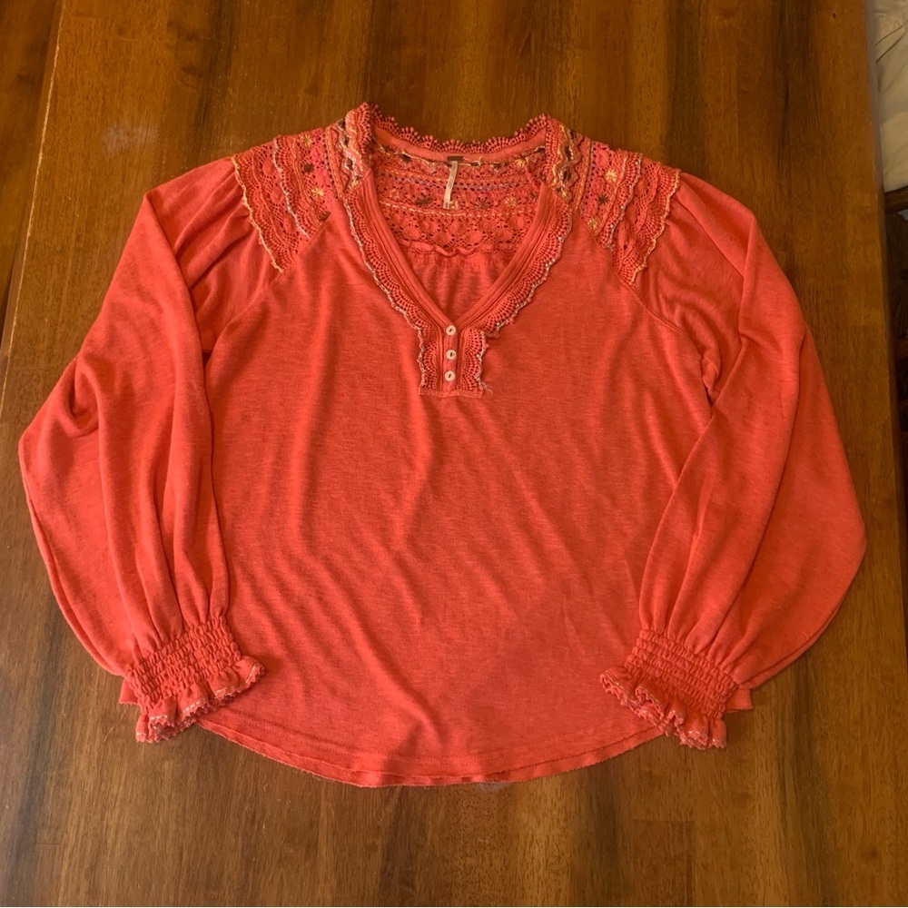 Free People Top Medium Coral Crochet and Embroidered Accents Blouse Long Sleeve